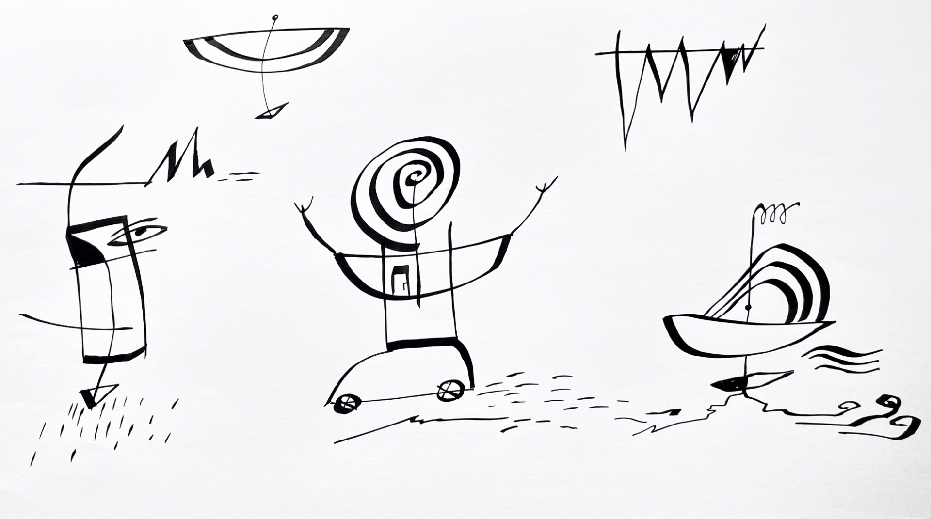 Kresba kaligrafickým perem, 2025,  Setkání v dešti, rozměr: 56x26cm, cena: 1 000,-